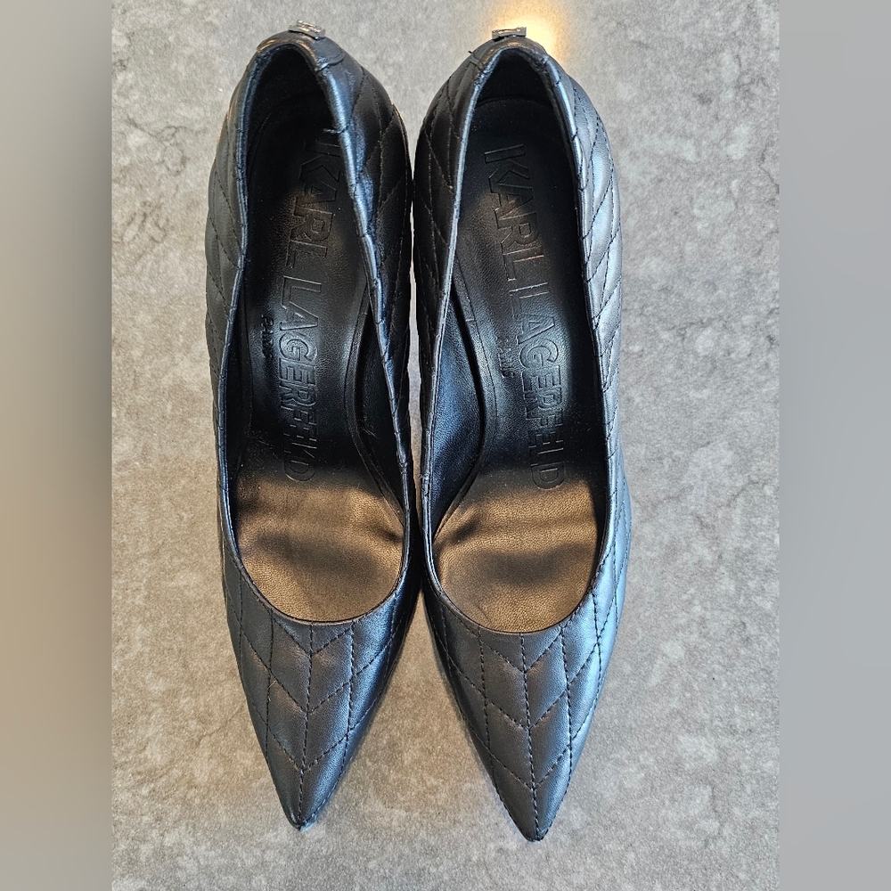 Karl Lagerfeld Black Leather Pumps, Size 7.5